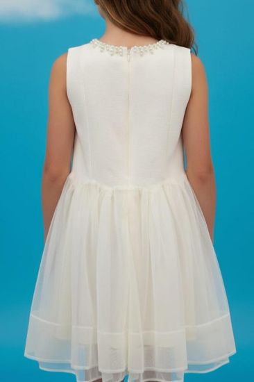 صورة فستان بيج نفاش أنيق مع الؤلؤ على العنق